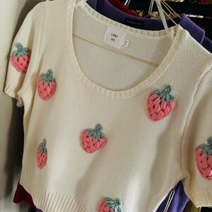 New Luna Ivy Cream Knit Top with Pink Strawberry Design